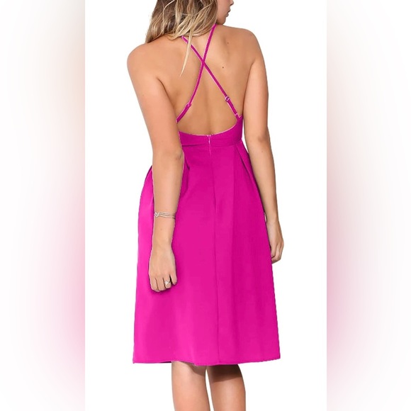 Eliacher Women's V Neck Spaghetti Straps Summer Dress Backless Pockets - Picture 2 of 5